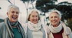 Comic, laughing and elderly woman friends outdoor in a park together for bonding during retirement. Portrait, happy or smile with a funny group of elderly people chatting in a garden for humor or fun