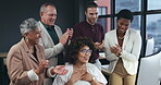 Computer, winner and business woman clapping for financial bonus, sales success or profit celebration. Finance team or group of people applause, wow and support for news or congratulations on desktop