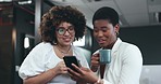 Coffee toast, women and a phone in an office for social media, app or reading a chat together. Happy, talking and friends or employees at work with tea and a mobile for conversation or notification