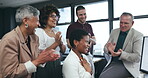 Applause, success and business woman on computer for winning bonus, financial goals or profit celebration in office. Finance group, men and people clapping for winner or online news on desktop screen