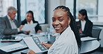 Meeting, collaboration and an african woman in business in the boardroom with her team for planning or training. Portrait, teamwork and smile of a female employee in an office for a strategy workshop