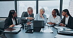 Business people, meeting and CEO on laptop for financial review, online proposal and stock market strategy. Accountant, woman and men or corporate manager for budget, information or computer planning