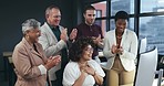 Business people, winner and clapping on computer for financial bonus, sales success and profit celebration. Finance group of men and women applause, wow and support for news or achievement on desktop