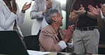 Applause, high five and business woman on laptop for bonus, startup goals and profit or project celebration in office. Happy group of people for teamwork, success and support, wow or news on computer