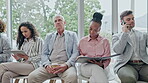 Office, business people and waiting room for hiring, recruitment and job opportunity. Group, human resources and workers in line for onboarding, hr or career interview for employment in workplace