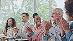 Business people, meeting and applause for presentation, seminar or team conference together at office. Happy group of employees clapping in celebration or thank you for teamwork goals at the workshop