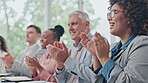 Business people, meeting and applause for seminar, team conference or presentation together at office. Happy group of employees clapping in celebration or thank you for teamwork goals at the workshop