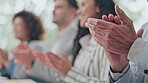 Business people, hands and applause in meeting for seminar, team conference or presentation at office. Closeup group of employees clapping in celebration, thank you or teamwork for goals at workshop