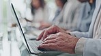 Business, hands and laptop with person typing with internet search at a law firm with technology. Computer research, writing and office worker at a desk with online strategy and web planning