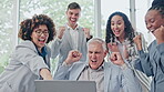 Team goals, excited and business celebration from computer email and success in office. Teamwork, company win and sales achievement of people with consultant work agency bonus and happy employee