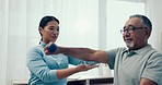Senior care, rehabilitation and physiotherapist with old man, dumbbell and healthcare at nursing home. Physio, exercise and retirement, fitness coach caregiver and elderly patient mobility training.