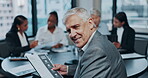 Meeting, collaboration and a senior business man in the boardroom with his team for planning or training. Portrait, teamwork and smile of a mature male manager in an office for a strategy workshop
