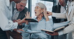 Stress, business people and senior woman multitasking in pressure or frustrated and overworked by team in chaos of paperwork. Stop, anxiety and employee overwhelmed by group and time of crisis