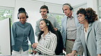 Call center, business people and meeting on computer, e commerce support or advice, training or teamwork solution. Group of women, men and consultant manager on desktop review for job sales or profit