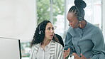 Call center, training and business people on computer, technical support or advice, helping and IT solution. Professional consultant, manager or woman for information technology software and feedback