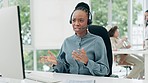 Call center, customer service and black woman in office talking for help, advice and consulting on computer. Telemarketing, business and female person speak for contact, crm support and communication