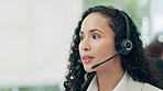 Headset, call center and a woman talking for customer service, telemarketing and crm. Face of a female consultant with a microphone for technical support, sales or help desk advice or conversation