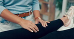 Chiropractor, rehabilitation or hands of woman on knee to help in physical therapy for mobility exercise. Patient closeup, physiotherapist or physiotherapy healing workout for legs or muscle injury