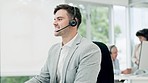 Call center, customer service and man in office talking for help, advice and consulting on computer. Telemarketing, business and happy male person speaking for contact, crm support and communication