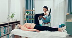 Physiotherapist, rehabilitation or old woman stretching knee to help in physical therapy for mobility exercise. Elderly person, chiropractor or physiotherapy healing workout for legs or muscle injury