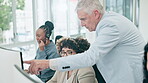 Call center, training and employee with senior man at desk, computer or office of customer serivce, crm and telemarketing. Coaching, teaching and consultant learning to work in technical support