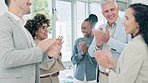 Business people, applause and celebration for teamwork achievement, goals or mission at the office. Group of employees clapping in thank you for team building, winning or company growth at workplace