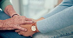 Support, senior or closeup of people holding hands for comfort or compassion for wellness together. Therapist, sympathy or elderly person bonding, praying or healing after death with psychologist