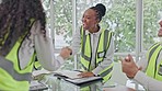 Construction team, handshake and partnership greeting of business developer staff in meeting. Collaboration, welcome and shaking hands with a African female professional with a smile and success