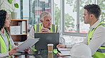 Engineer meeting, team leader and office discussion, collaboration or talk about project design. Manager, construction teamwork and architect group, contractor or people work on planning development