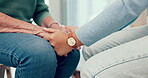 Support, elderly or closeup of people holding hands for comfort or compassion while sitting together. Trust, sympathy or old woman praying, bonding or healing after death with person or psychologist 