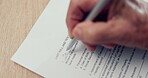 Hands, writing or senior person with will, contract or application or document for insurance papers. Compliance, closeup or elderly client signature for paperwork, legal form or title deed agreement