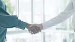 Business people, handshake and meeting for introduction, partnership or b2b deal at office. Employees shaking hands in greeting, agreement or team collaboration for thank you or hiring at workplace