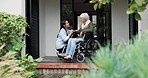 Senior woman, caregiver and holding hands in wheelchair for support, healthcare and happy. Comfort, nurse and person with a disability together for empathy, kindness and talk in a retirement home