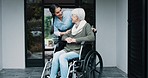 Senior woman, wheelchair support and nurse help with kindness and caregiver outside retirement home. Care, smile and person with a disability together with happy conversation and nursing professional