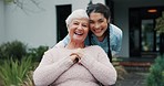 Senior woman, wheelchair and nurse face with bonding and caregiver outside retirement home. Discussion, smile and person with a disability together with happy conversation and nursing professional