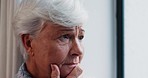 Senior woman, sad and face closeup with Alzheimer, doubt or grief in a retirement home. Elderly, female person and scared about dementia and mourning feeling confused with memory loss at window
