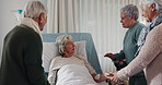 Cancer, trust and an elderly woman in the hospital with her friends during a visit to comfort or console. Healthcare, medical and support with a senior patient lying in bed at the clinic for recovery