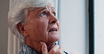 Senior woman, stress and face closeup with Alzheimer, doubt or grief in a retirement home. Elderly, female person and scared about dementia and mourning feeling confused with memory loss at window