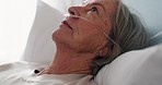 Hospital, cough and senior woman in bed for recovery, prayer and rehabilitation for surgery treatment. Healthcare, clinic and elderly female person with friends for medical care, service and comfort