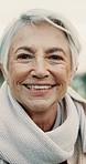 Happiness, smile and face of elderly woman laughing at a comic, funny or comedy joke while standing in a park. Nature, happy and portrait of calm senior female person with positive mindset in garden.