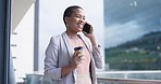 Phone call, talking and business woman on terrace at office building for networking or negotiation. Black female entrepreneur outdoor for smartphone conversation with coffee, communication and rain