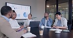 Business people, budget meeting and chart for analysis, financial discussion and planning for company growth. Men, women and corporate group with data, laptop and talk together with graph in workshop