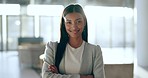 Portrait, happy business woman and arms crossed for legal advice in office with confidence, pride and trust. Manager, professional female lawyer at law firm or young attorney with smile at workplace.