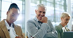 Businessman, face and people in waiting room for job interview, meeting or diversity in hr, line or queue. We are hiring, group and portrait of man with arms crossed, ideas and vision for success