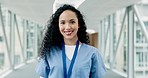 Hospital, nurse and face of happy woman with smile for medical support, friendly service and care. Healthcare, clinic and portrait of female nursing student smile for wellness, consulting and career