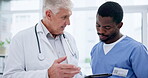 Senior man, tablet and doctors discussion on medical project, healthcare or teamwork on medicine research. Surgeon team, nurse or African person listen to hospital report, online feedback or advice
