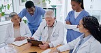 People, doctor and teamwork in meeting on tablet for healthcare strategy or planning at the office. Group of medical professionals in team discussion for surgery, research or collaboration at clinic