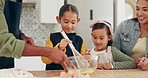 Parents, learning and family with love, bake or children with happiness, child development or loving together. Teaching, mother or father with kids, home or quality time with ingredients in a kitchen