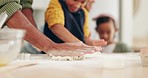 Family, baking and father and children with dough in kitchen for learning, teaching and child development. Cooking, parents and dad with kids with flour and ingredients to bake for bonding at home