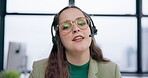 Face, video call and woman talking in office for customer service, business advisory or CRM questions. Portrait of agent, microphone and virtual meeting for telemarketing, communication or consulting